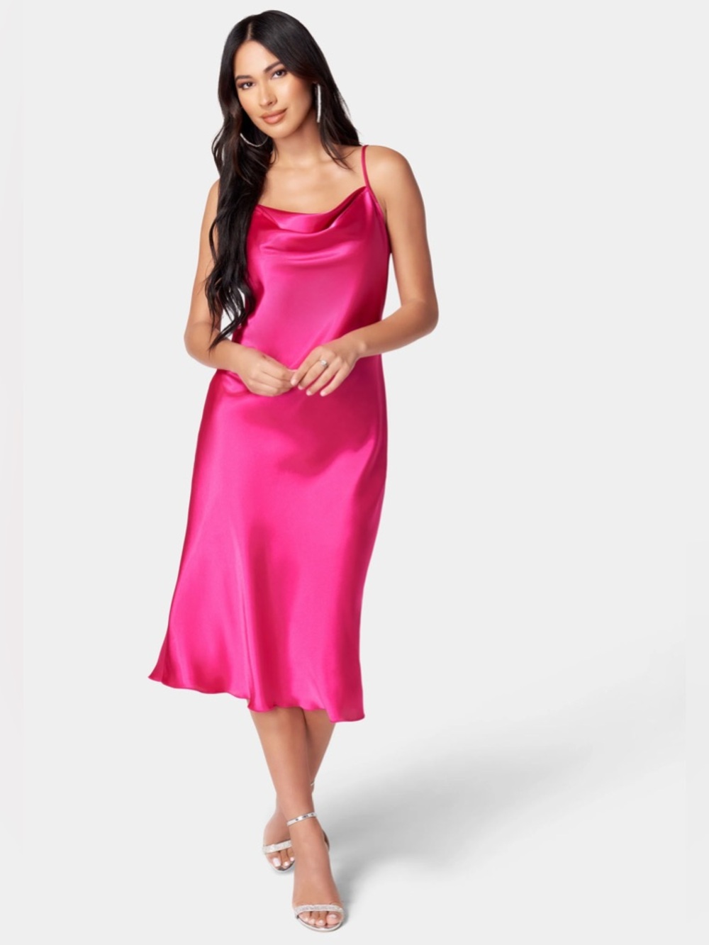 Bebe Satin Cowl Neck Slip Midi Dress-Fuchsia